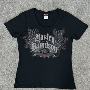 Harley Davidson Black Studded Short Sleeve T-shirt ~Women's L~ London Bridge EUC